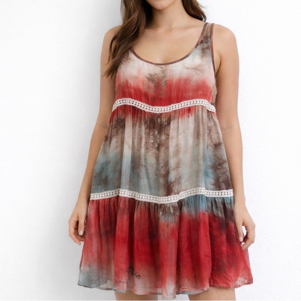 Entro Tie-Dye Babydoll Mini Dress Crochet Lace Trim Size L Tunic Tank Top